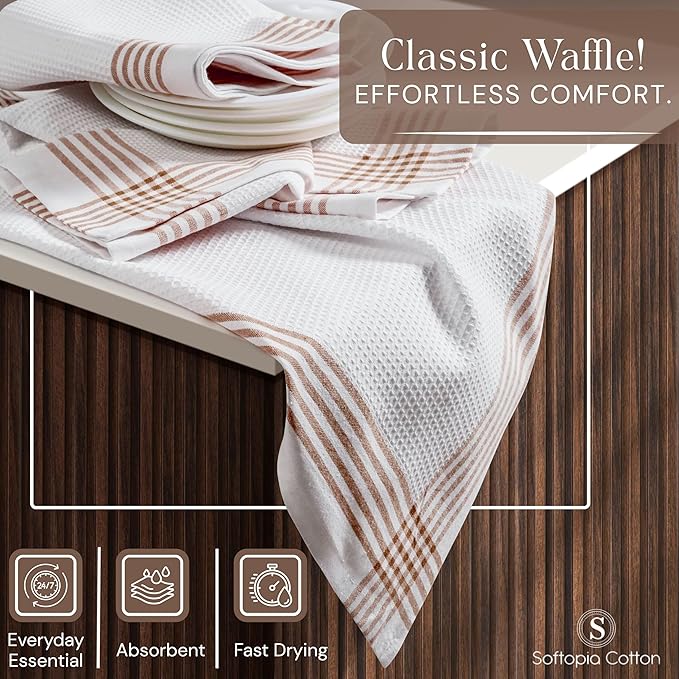 Waffle White & Brown 12 Pack Kitchen Towels Set, 100% Cotton, 16x26 inches, Professional Quality Cleaning Towel for Bar, Home, Restaurant Use, Absorbent Dish Cloths for Drying Dishes