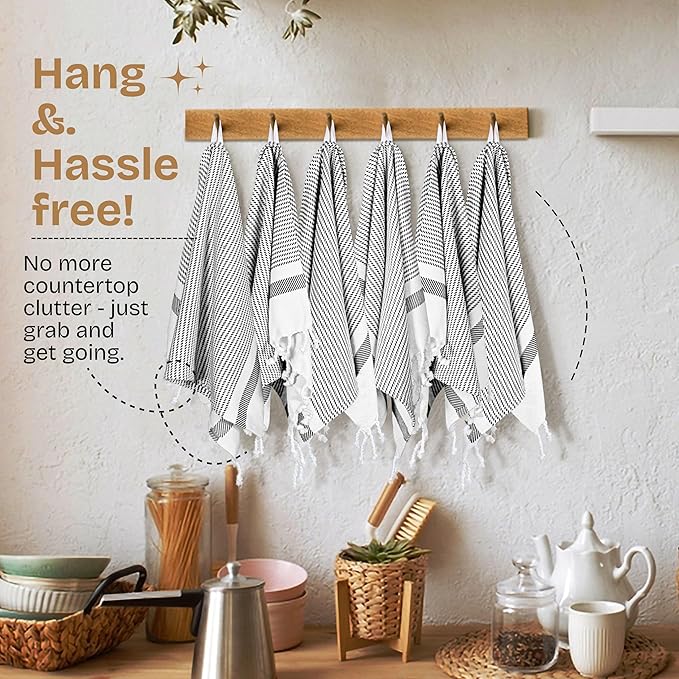 Black Turkish Kitchen Towels 16x26 Inch, 5 Pack, 100% Cotton, Ultra Absorbent, Soft, Fast Dry, Machine Washable, Dish Towel with Tassels for Drying Dishes, Cleaning, Everyday Use
