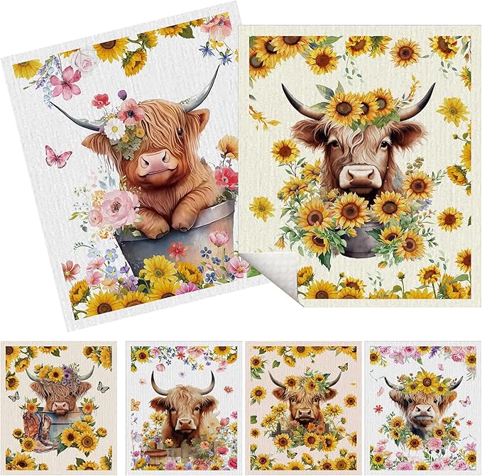 Swedish Dishcloths for Kitchen, 6 Pack Sunflower Highland Cow Swedish Dish Cloths for Washing Dishes, Reusable Washable Absorbent Dish Towels for Home Kitchen Cleaning Quick Drying
