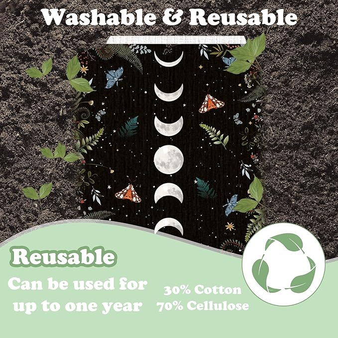 Swedish Dishcloths for Kitchen, 6 Pack Moth Moon Phases Swedish Dish Cloths for Washing Dishes, Reusable Washable Absorbent Dish Towels for Home Kitchen Cleaning Quick Drying
