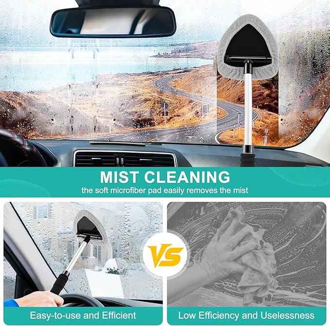 JUSTTOP Windshield Cleaner Tool, Car Interior&Exterior Window Cleaning Tool with Extendable Handle & 4 Reusable Microfiber Pads, Auto Glass Wiper Brush Kit for Cars (Grey)