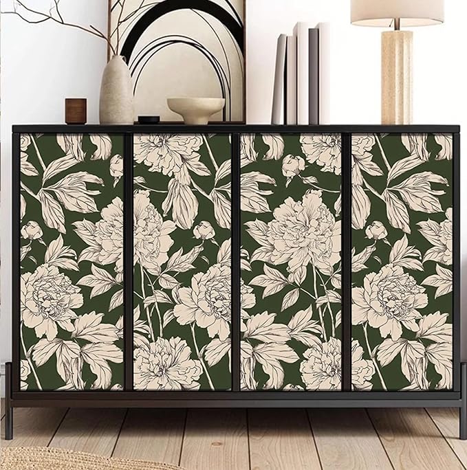 Peel and Stick Wallpaper Contact Paper for Cabinets Drawers Green Beige Floral Flower Vintage Design 17.5x118in Self Adhesive Wall Removable Desk Bedroom Moody Renter Friendly Modern