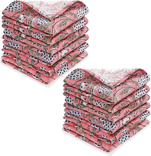 Ridhi Dark Salmon Pink Hand Block Print Cotton Waffle Dish Cloth Set of 12-12x12 Inch Super Absorbent, Soft, Reusable Kitchen Towels for Dish Drying Cleaning, Ideal for Spring, Easter, Valentine