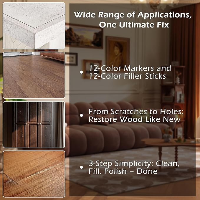 Oriflame Wood Furniture Repair Kit: 12-Color Furniture Markers Touch Up & 12-Color Wood Filler Sticks for Scratches/Stains/Cracks/Holes in Floors/Table/Cabinets/Door(Hardwood/Laminate)