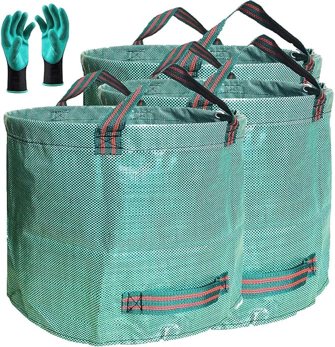 Professional 3-Pack 137 Gallon Lawn Garden Bags (D34,H34 inch) Big Yard Waste Bags with Gardening Gloves,Extra Large Reusable Leaf Bag,Grass Clippings Bag,Leaf Container,Yard Trash Container 4 Handles