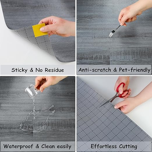 Freshtour Vinyl Flooring Roll, Versatile Removable PET Leather-Like Floor Covering, Waterproof & Durable, Easy Tape Installation, Cost-Effective for Any Room, Dark Grey Oak/ 32.29 Sq.ft (39.3" x 118")