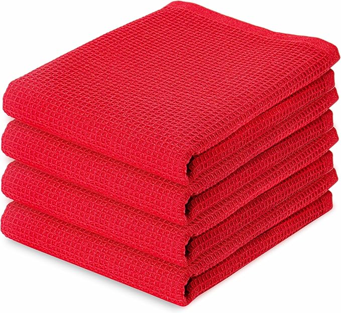PurpleEssences Waffle Weave Kitchen Towel, 100% Cotton, 15x25 Inches, with Hanging Loop Ultra Soft Absorbent Quick Drying Dish Cloth, Tea and Hand Towels, 4 Pack - Christmas Holiday Winter - Red