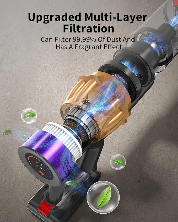 Cordless Vacuum Cleaner, 650W 50KPa 70‑Min Powerful Stick Vacuum, Self-Standing Lightweight Cordless Vacuum for Home, Pet Hair, Hardwood Floors, Carpet & Car, LED Touch Display
