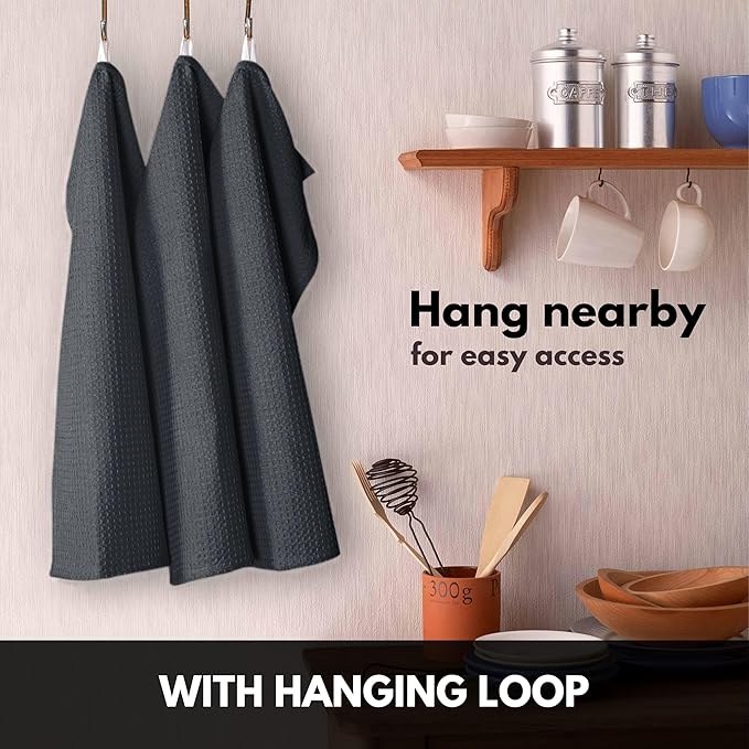 Gray Kitchen Towels – Waffle Weave, 100% Cotton, Soft & Absorbent, Fast Dry, Durable, 16x26 Inches, Perfect for Dish Drying, Bar, Cleaning, and Everyday Use, Set of 12, Grey