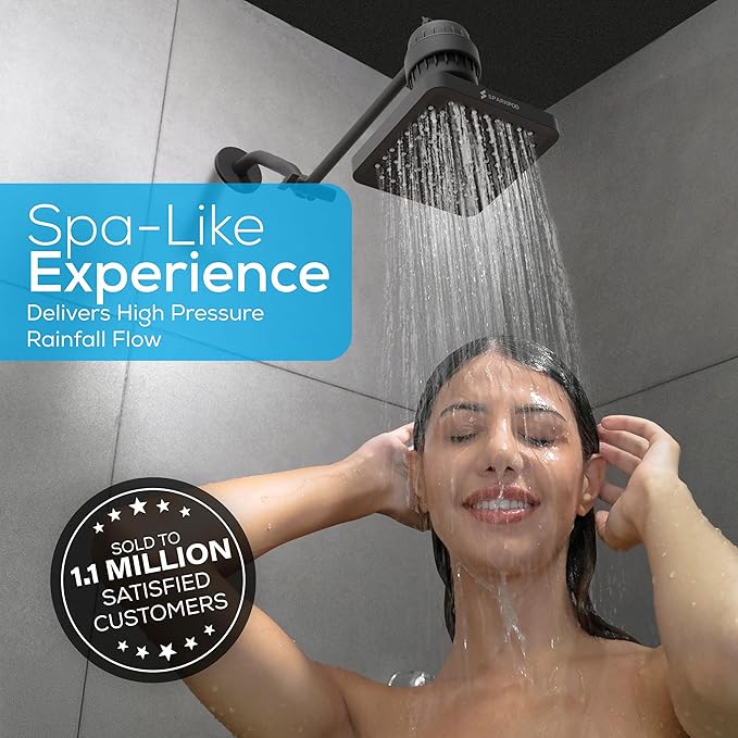 SparkPod Shower Head - High Pressure Rain - Premium Quality Luxury Design - 1-Min Install - Easy Clean Adjustable Replacement for Your Bathroom Shower Heads (Midnight Black Matte, 6 Inch Square)