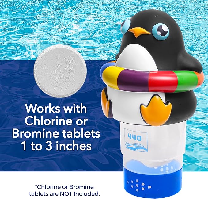 440 Pool Chlorine Floater Dispenser, Fits Up to 3 Pieces of 3-Inch Chlorine Tabs, Adjustable Flow, Control, Heavy-Duty Plastic - Suitable for Small & Large Pools - 8 Ounces | Cartoon Penguin