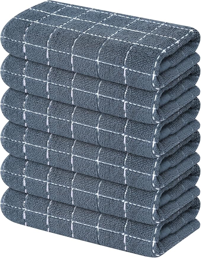 Mordimy 100% Cotton Terry Cloth Kitchen Towels, Super Soft and Absorbent Dish Towels for Drying, Checkered Designed Hand Towels for Kitchen, 16 x 26 Inches, 6 Pack, Grey