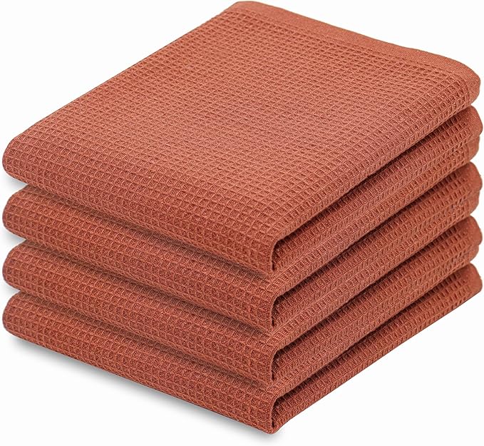 PurpleEssences Rust Waffle Weave Kitchen Towel, 100% Cotton, 15x25 Inches, with Hanging Loop Ultra Soft Absorbent Quick Drying Dish Cloth, Tea and Hand Towels, 4 Pack - Christmas Holiday Winter - Rust