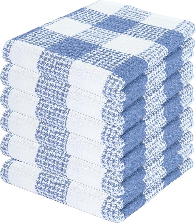 PurpleEssences 100% Cotton Waffle Weave Check Plaid Kitchen Towels, Super Soft and Absorbent Dish Towels for Drying Dishes 15x25-6 Pack - Christmas Holiday Winter - Smoky Grey and White