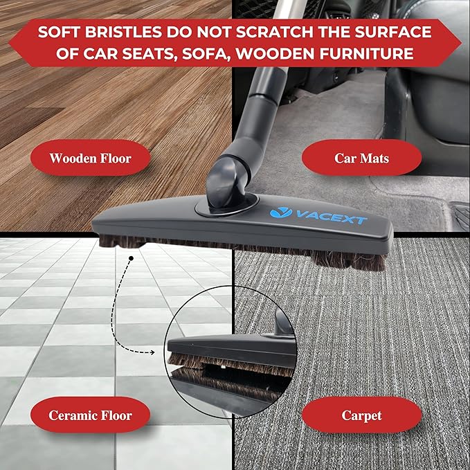 Upgraded Hardwood Floor Attachment with Horse Hair Soft Bristles & Flexible Brush Head for Vacuum Cleaners Using 1 ¼'' (1.25inch) (32mm) Accessories - Work on Low Carpet & Wood/Bare/Tile/Hard Floors