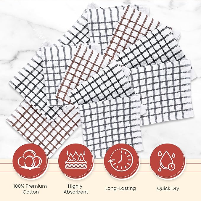Vintage Vista 100% Cotton Dish Cloths (Pack of 12) - Dish Rags for Washing Dishes - Reusable & Highly Absorbent Kitchen Towels - Kitchen Rags for Christmas - (12" x 12" - Multicolor Checkered)