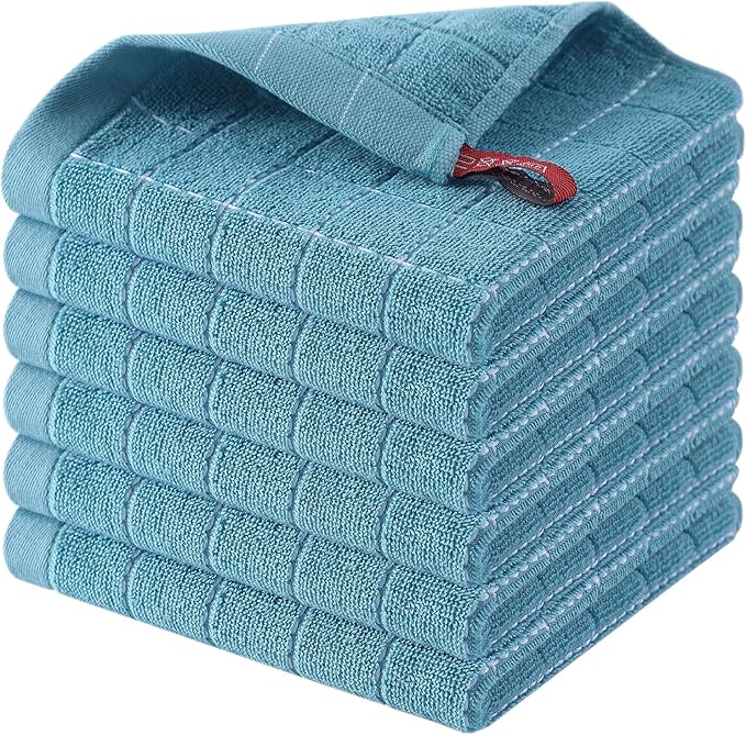 Homaxy 100% Cotton Terry Kitchen Dish Cloths, Ultra Soft and Absorbent Dish Towels for Kitchen, Suitable for Drying and Washing Dishes, 6 Pack, 12 x 12 Inches, Lake Blue