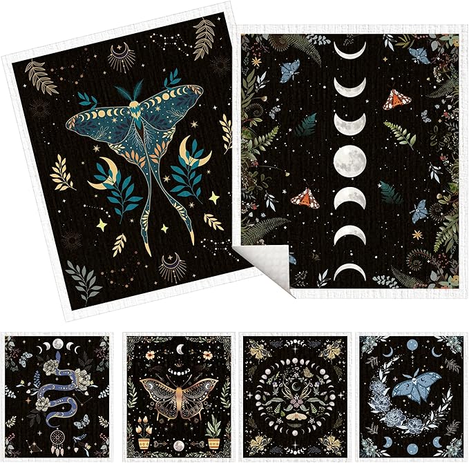 Swedish Dishcloths for Kitchen, 6 Pack Moth Moon Phases Swedish Dish Cloths for Washing Dishes, Reusable Washable Absorbent Dish Towels for Home Kitchen Cleaning Quick Drying