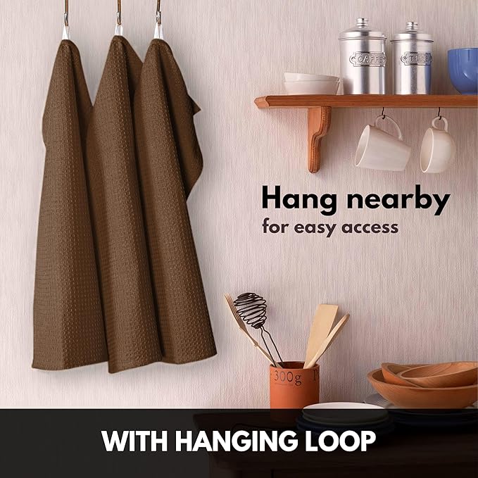 Brown Kitchen Towels – Waffle Weave, 100% Cotton, Soft & Absorbent, Fast Dry, Durable, 16x26 Inches, Perfect for Dish Drying, Bar, Cleaning, and Everyday Use, Set of 4, Brown