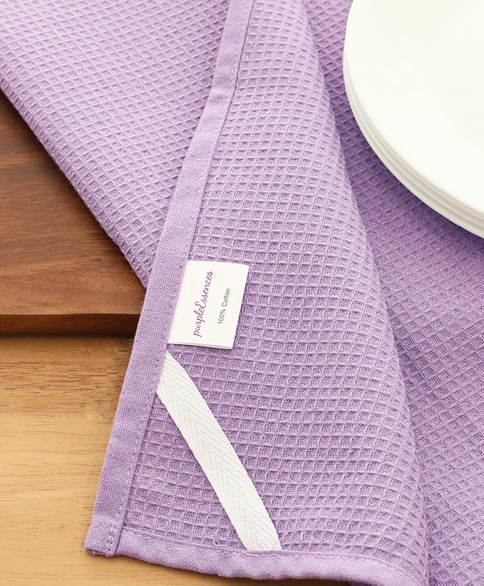 PurpleEssences Waffle Weave Kitchen Towel, 100% Cotton, 15x25 Inches, with Hanging Loop Ultra Soft Absorbent Quick Drying Dish Cloth, Tea and Hand Towels, 4 Pack - Christmas Holiday Winter - Lavender