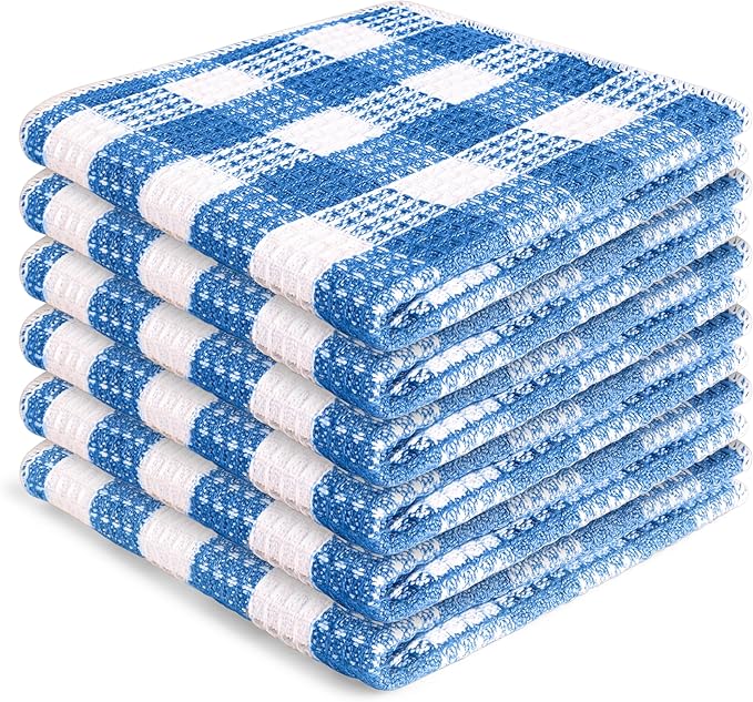 Blue Needles Waffle Weave Check Plaid Dish Cloths, 12x12 Inches 100% Cotton Set of 6 Dish Towels for Kitchen, Ultra Soft & Absorbent Kitchen Towels for Quick Drying Spring Summer - Sky Blue & White