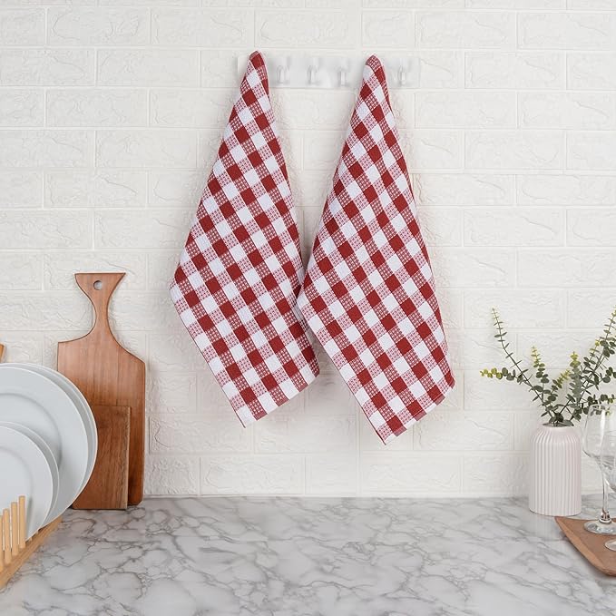 Blue Needles Waffle Weave Check Plaid Kitchen Towels, 15x25 Inches 100% Cotton Set of 6 Dish Towels for Kitchen, Soft & Absorbent for Quick Drying with Hanging Loop Spring Summer - Burgundy & White