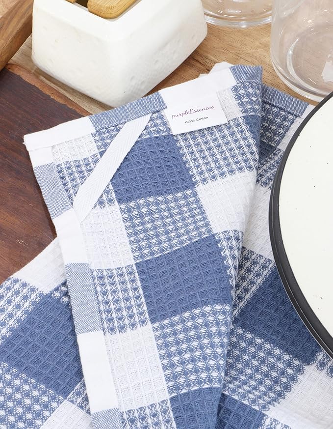 PurpleEssences 100% Cotton Waffle Weave Check Plaid Kitchen Towels, Super Soft and Absorbent Dish Towels for Drying Dishes 15x25-6 Pack - Christmas Holiday Winter - Smoky Grey and White