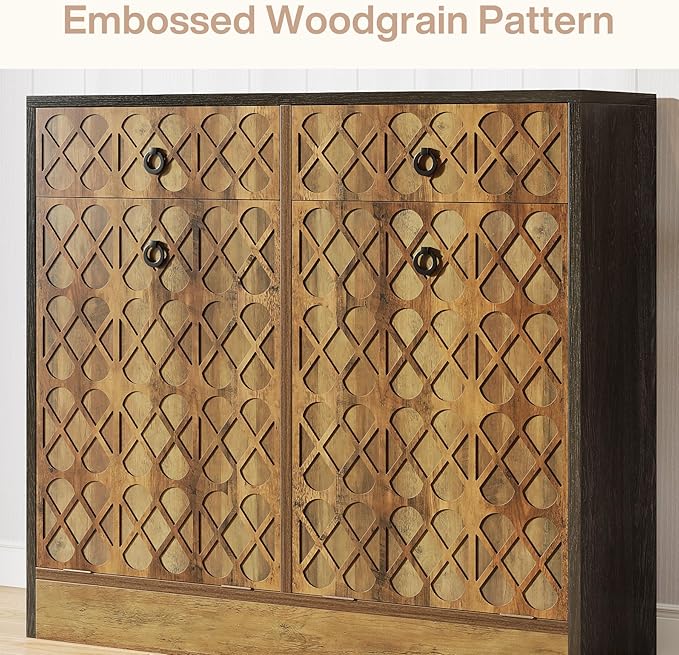 Tribesigns Double Tilt Out Trash Can Cabinet, 20 Gallon Wooden Free Standing Laundry Sorter Cabinet with 2 Drawers, Wooden Hidden Garbage Cabine with Geometric Relief Design for Kitchen, Bathroom