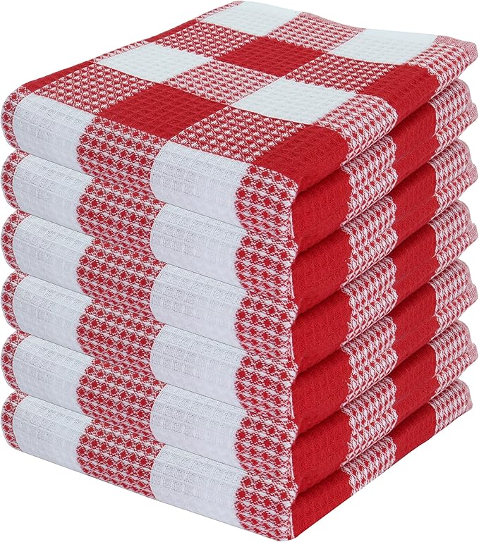 PurpleEssences 100% Cotton Waffle Weave Check Plaid Kitchen Towels, Super Soft and Absorbent Dish Towels for Drying Dishes 15x25-6 Pack - Christmas Holiday Winter - Red and White