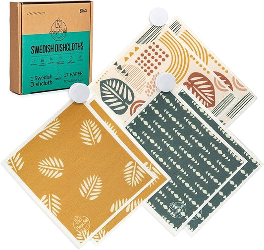 Harps&Seb Swedish Dishcloths for Kitchen Dishcloths - 6 Pack, Reusable Paper Towels with Clips, Super Absorbent Washable Non-Scratch Swedish Dish Towels, No Odor, Biodegradable