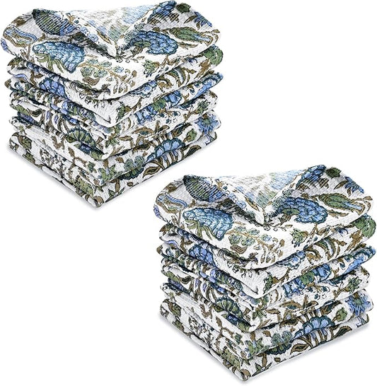 Ridhi Asparagus Green Hand Block Print Cotton Waffle Dish Cloth Set of 12-12x12 Inch Super Absorbent, Soft, Reusable Kitchen Towels for Dish Drying Cleaning, Ideal for Spring, Easter, Valentine