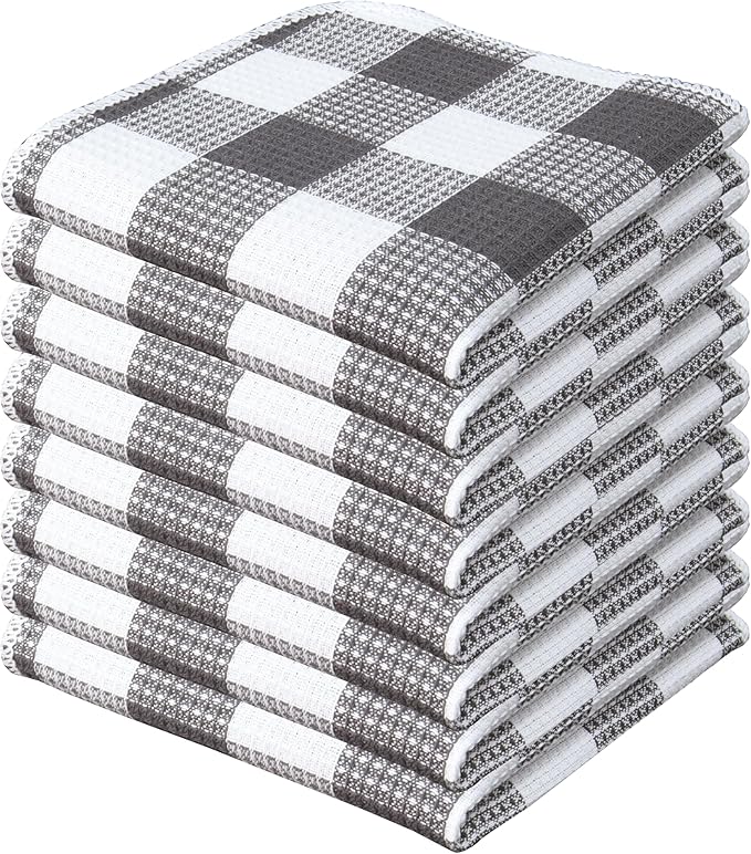 PurpleEssences Waffle Weave Plaid Dish Cloths, 100% Cotton, 12x12 Inch, Soft Absorbent Quick Drying Buffalo Check Dish Rags for Kitchen, 8 Pack, Christmas Holiday Winter - Steel Grey & White