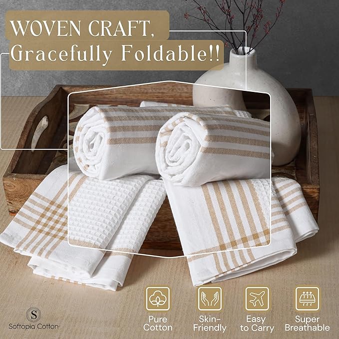 Waffle White & Beige Kitchen Dish Towels 12 Pack, 100% Cotton, 16x26 inches, Durable Dish Cloths Set, Quick Dry Kitchen Rags, Everyday Use Cooking and Cleaning Hand Towels, Bar Towel