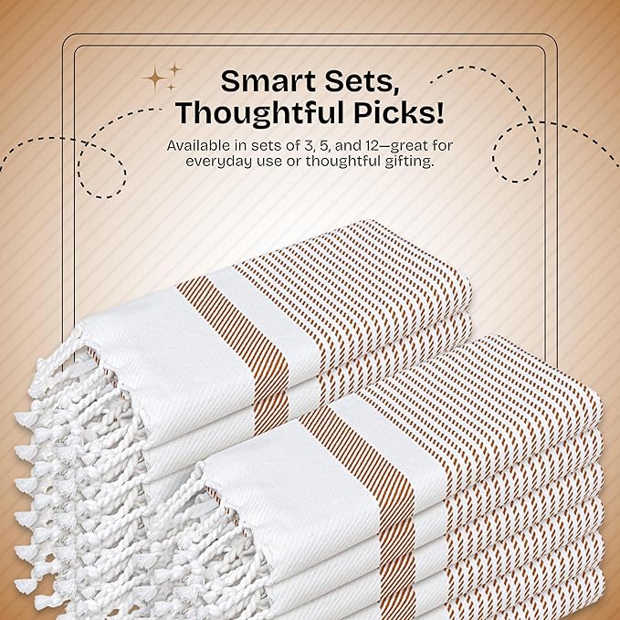 Brown Turkish Kitchen Towels 16x26 Inch, 5 Pack, 100% Cotton, Ultra Absorbent, Soft, Fast Dry, Machine Washable, Dish Towel with Tassels for Drying Dishes, Cleaning, Everyday Use