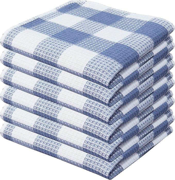PurpleEssences Waffle Weave Plaid Dish Cloths, 100% Cotton - 12x12 Inches, Soft Absorbent Quick Drying Buffalo Check Dish Rags for Kitchen, 6 Pack - Christmas Holiday Winter - Smoky Grey and White
