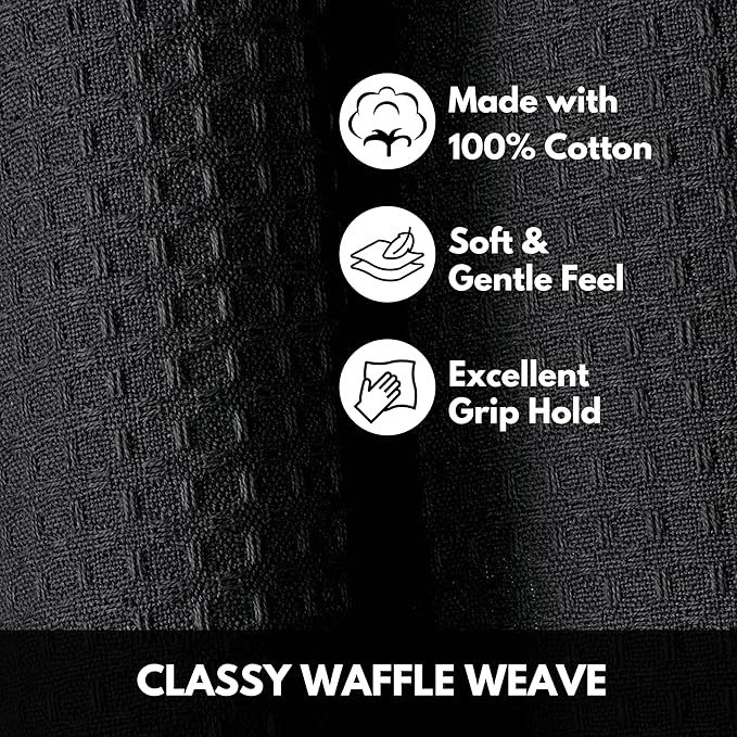 Black Waffle Kitchen Dish Towels, 100% Cotton, Quick Dry, Super Absorbent, Soft, 16x26 Inches - Ideal for Dish Drying, Bar, Hand Wipe, Cleaning, and Everyday Use, 4 Pack