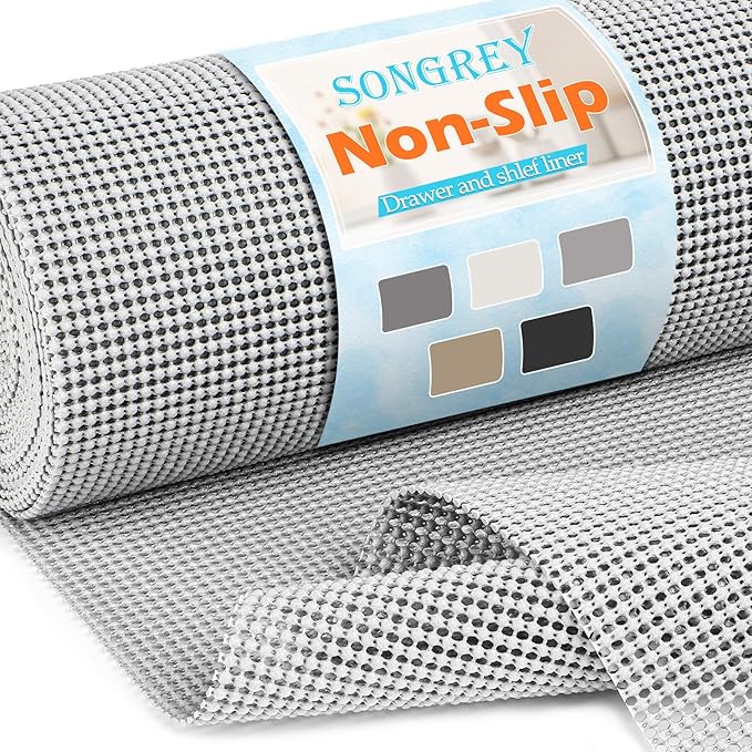 Songrey Non-Adhesive Drawer and Shelf Liner, Non Slip Cabinet Liners, Protect Kitchen Cupboard, Bathroom Drawers, Breathable, Thick Strong Grip mat (17.5IN x 20FT, Light Gray)