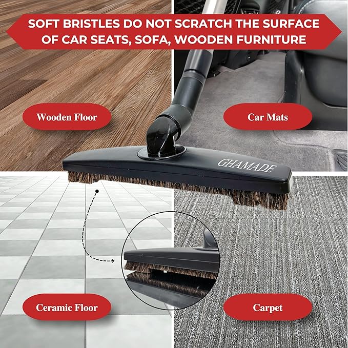Replacement Vacuum Brush Head With 32MM Connection & 1-3/8-Inch to 1-1/4-Inch Adapter | Works on Low Carpet & All Floors | Horse Hair Hardwood Vacuum Attachment