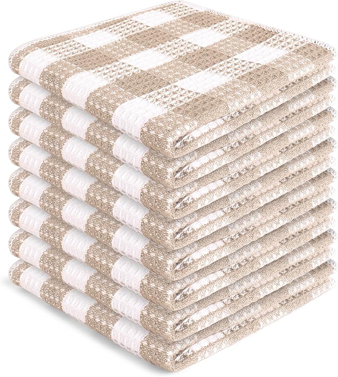 Blue Needles Waffle Weave Check Plaid Dish Cloths, 12x12 Inches 100% Cotton Set of 8 Dish Towels for Kitchen, Ultra Soft & Absorbent Kitchen Towels for Quick Drying Spring Summer - Beige & White