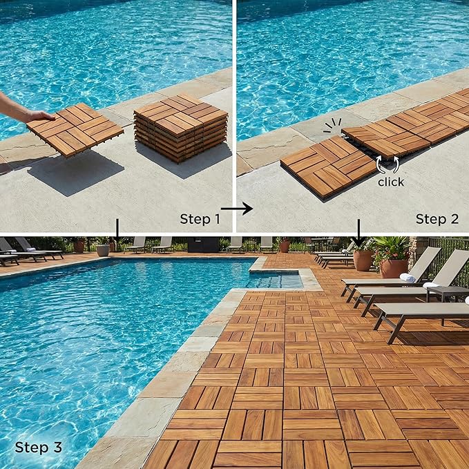 Bare Decor BARE-WF2009 Solid Teak Wood Interlocking Flooring Tiles (Pack of 10), 12" x 12", Brown