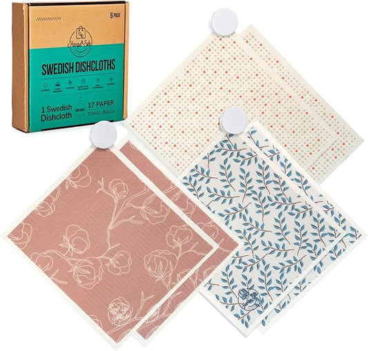 Harps&Seb Swedish Dishcloths for Kitchen Dishcloths - 6 Pack, Reusable Paper Towels with Clips, Super Absorbent Washable Non-Scratch Swedish Dish Towels, No Odor, Biodegradable