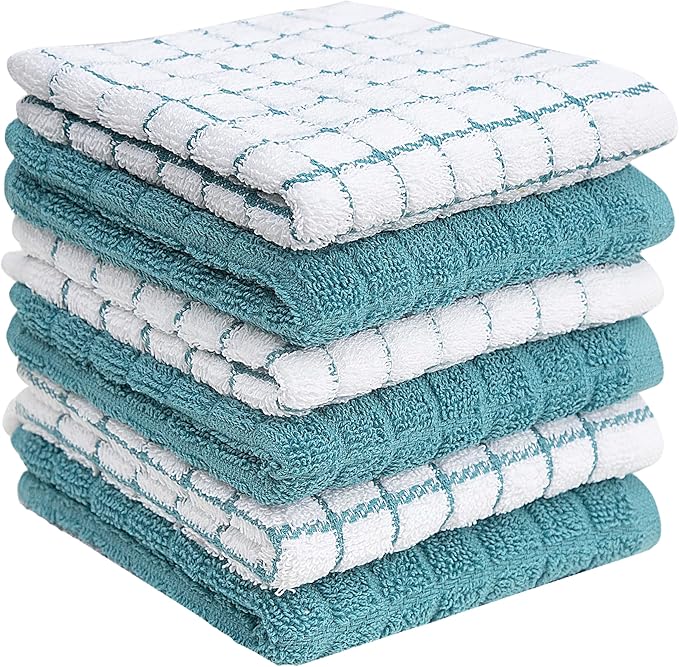 Bumble Premium Cotton Dish Cloths 12" x 12"| Aqua Design | 405 GSM | Highly Absorbent & Soft Dish Towels | 100% Natural Ring Spun Cotton Kitchen Towel Set - 6 Pack