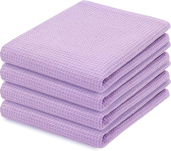 PurpleEssences Waffle Weave Kitchen Towel, 100% Cotton, 15x25 Inches, with Hanging Loop Ultra Soft Absorbent Quick Drying Dish Cloth, Tea and Hand Towels, 4 Pack - Christmas Holiday Winter - Lavender