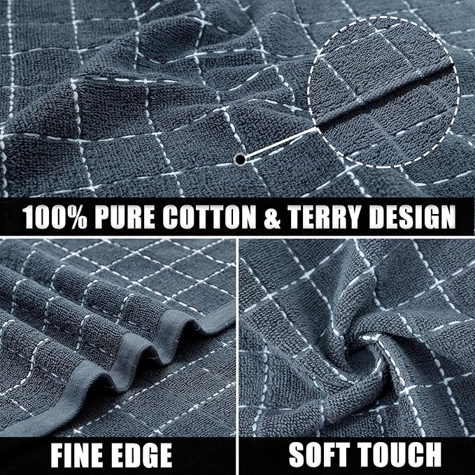Mordimy 100% Cotton Terry Cloth Kitchen Towels, Super Soft and Absorbent Dish Towels for Drying, Checkered Designed Hand Towels for Kitchen, 16 x 26 Inches, 4 Pack, Grey