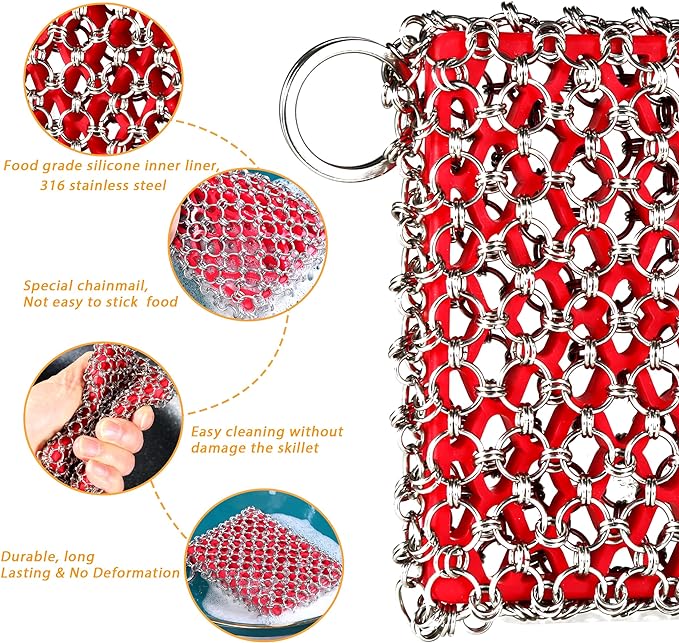 TEZZ Cast Iron Scrubber, Skillet Chainmail Scrubber for Cast Iron Pan - Chain Mail Scrubber Cast Iron Sponge - Metal Scrubber Cast Iron Skillet Cleaner, Wok, Frying Pans, Dutch Oven Cleaning Scrubber