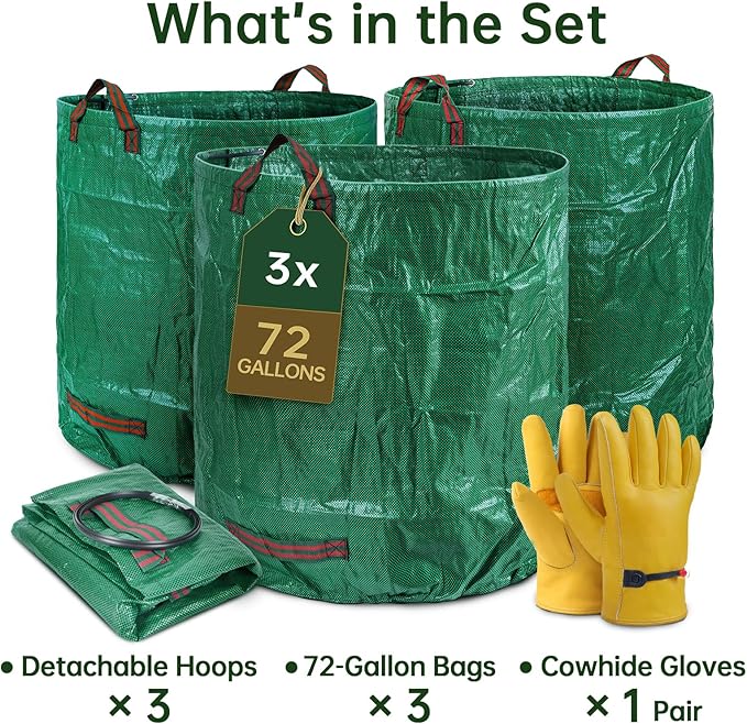 72 Gallon Reusable Yard Waste Bags (3 Pack), Heavy Duty Stand-Up Leaf & Lawn Bags, 150 GSM Woven PP (PE Coated), Double-Layer Bottom, Top & Bottom Reinforced Handles, Cowhide Gloves Included