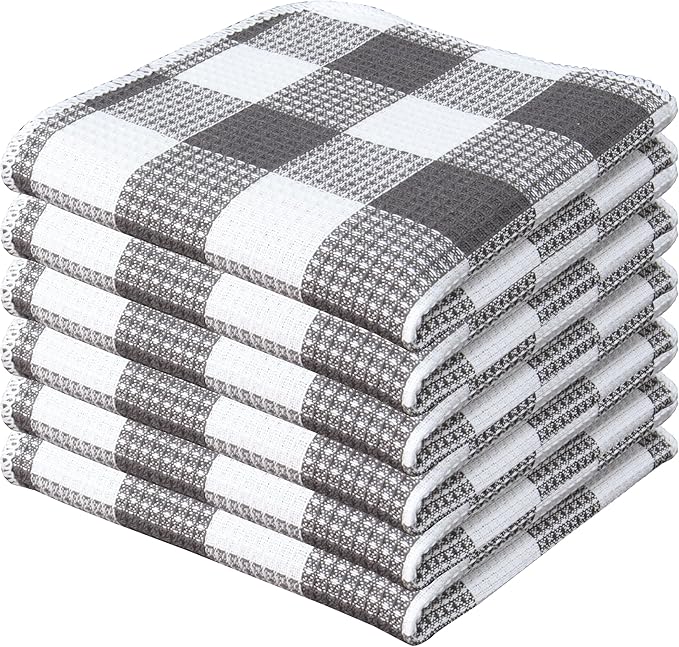 PurpleEssences Waffle Weave Plaid Dish Cloths, 100% Cotton - 12x12 Inches, Soft Absorbent Quick Drying Buffalo Check Dish Rags for Kitchen, 6 Pack - Christmas Holiday Winter - Steel Grey and White