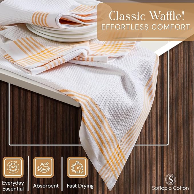 Waffle White & Mustard Yellow Set of 12 Kitchen Towels, 100% Cotton, 16x26 inches, Soft and Durable Dish Towel, Quick Dry Dishcloths, Ideal for Drying Dishes, Cleaning, Wiping