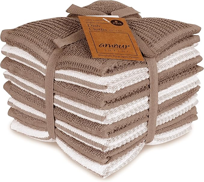 AMOUR INFINI Dish Cloths for Washing Dishes Set of 8 - Highly Absorbent, Super Soft Kitchen Dishcloths - Reusable Quick Dry Dish Rags for Cleaning & Drying Kitchen Linens (12x12 Inch - Brown)