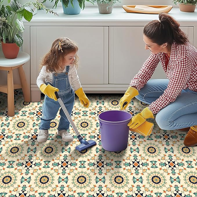 10PCS 12x12 Inch Moroccan Mosaic Peel and Stick Floor Tiles Removable Self Adhesive Vinyl Flooring Stickers for Bathroom Entryway Kitchen Home Decor